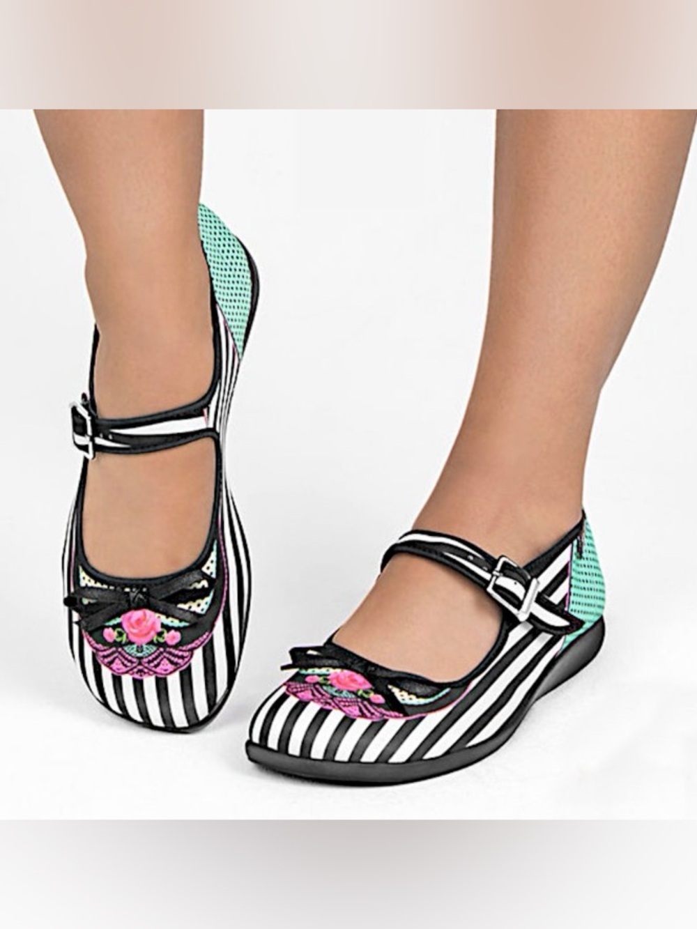 HOT chocolate design Striped Mary Jane Flats with Pink Floral Accent  size 7